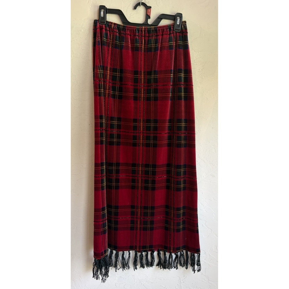 Vintage 90s Ronni Nicole Plaid Velvet Beaded Fringe Maxi Skirt M Academia Grunge